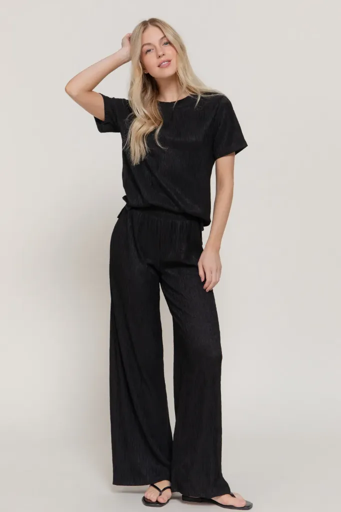 SET14970 Short Slv Top Wide Pants Rcinkle Knit Set (Black, S)