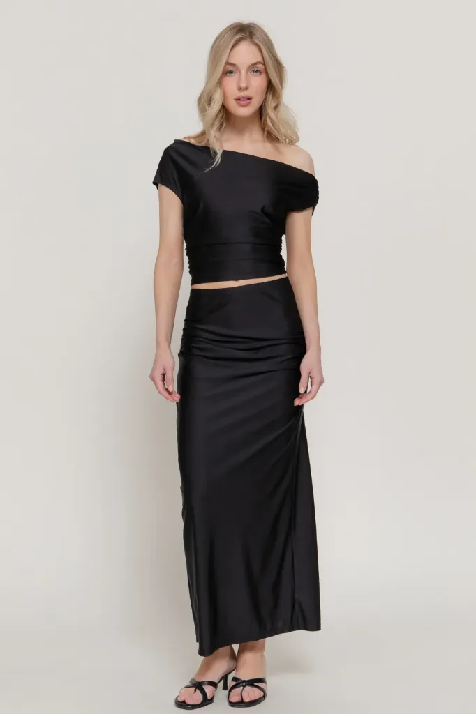 SET15163 Asymmetrical Neckline Top Long Skirt Set (S)
