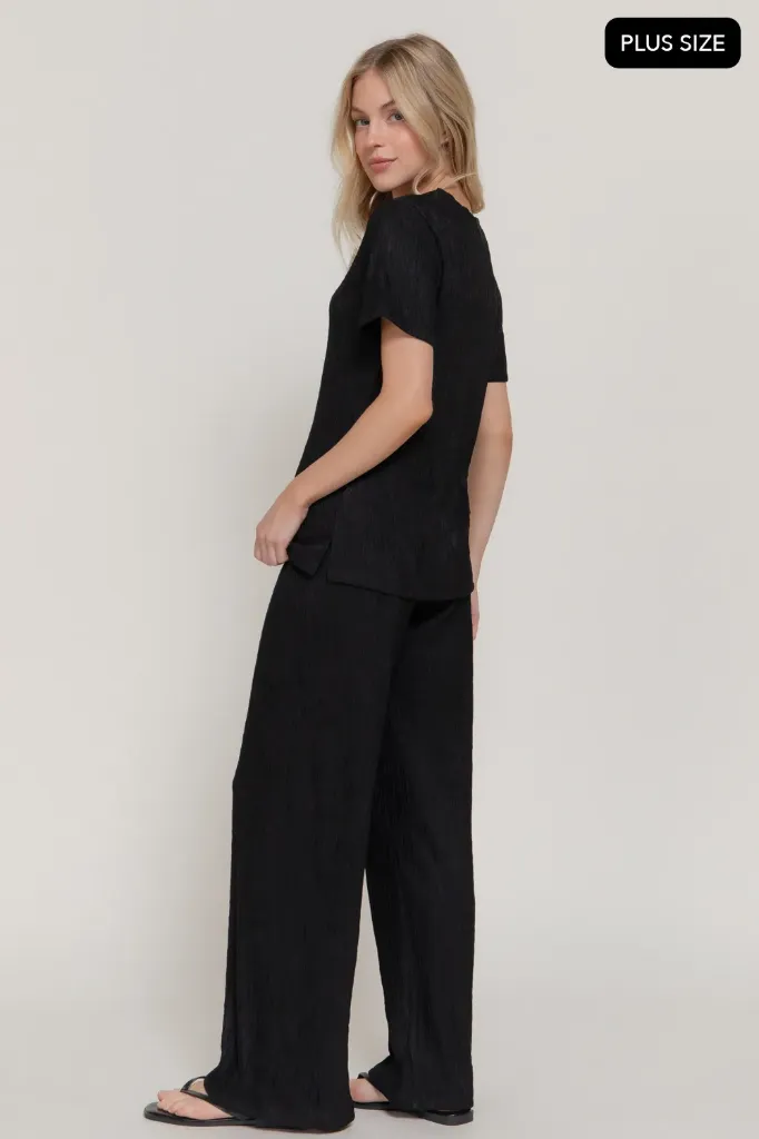SET74970 [PLUS] Short Slv Top Wide Pants Rcinkle Knit Set (Black, XL)