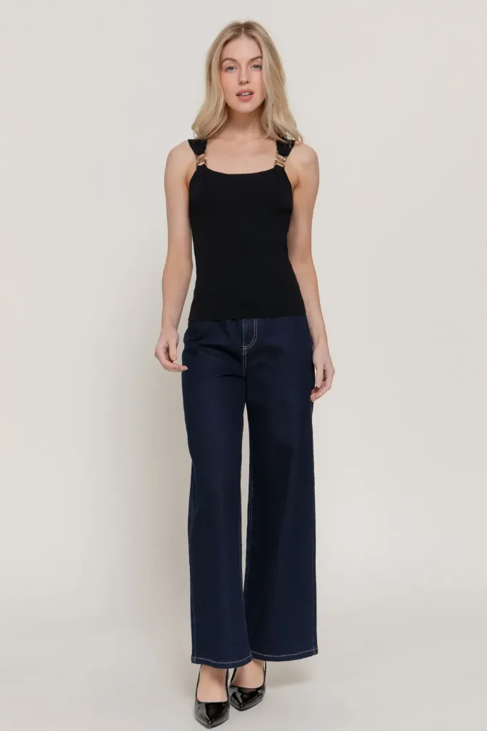T15375 Top de Canalé con Tirantes (Black, S)