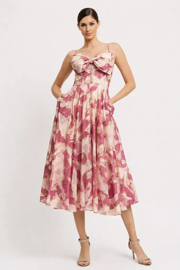 RVD6486 Spaghetti Strap Print Midi Dress with Front Bow (Pink, S)
