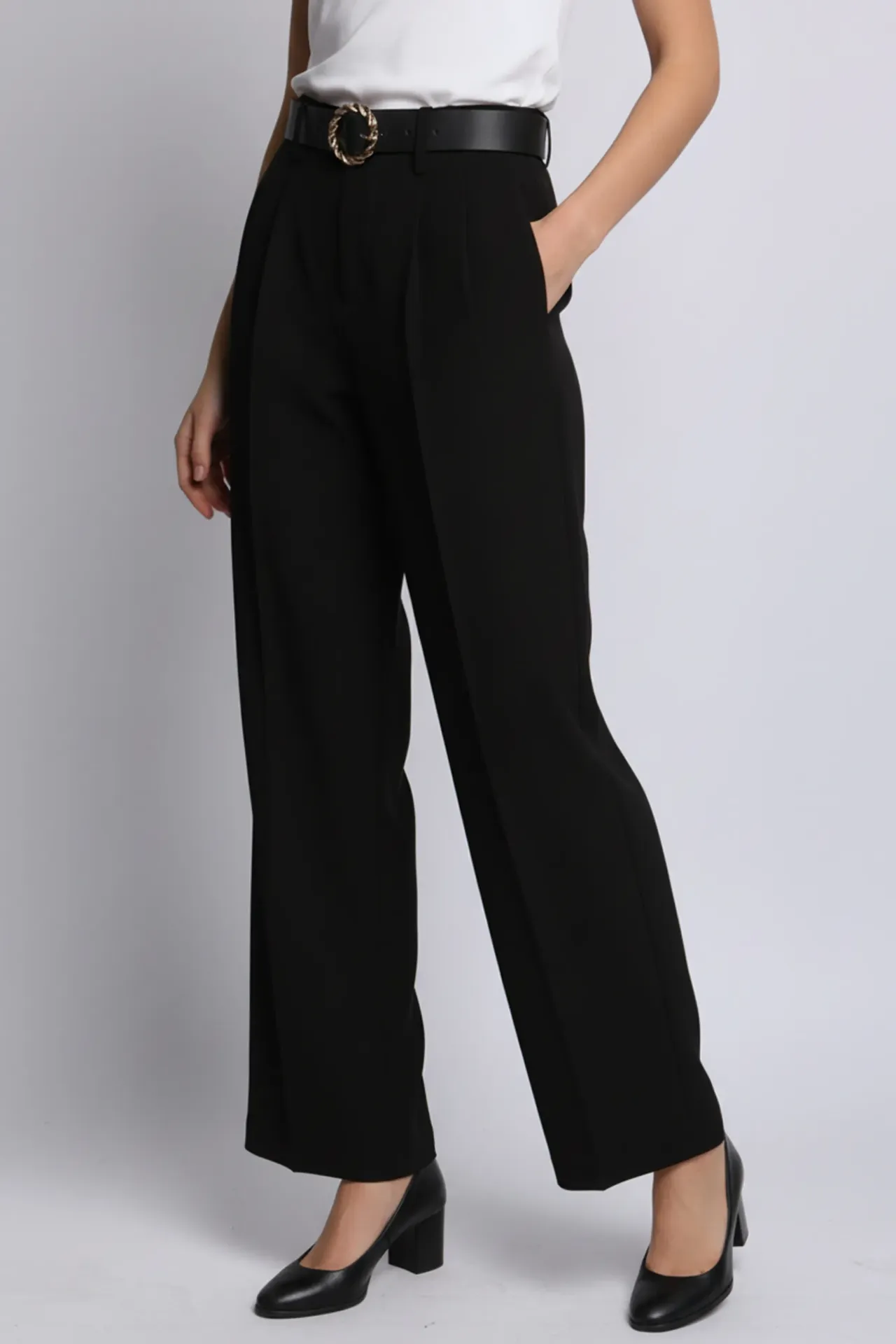 60159PL Pantalón de Tiro Alto con Pierna Amplia (Black, S)