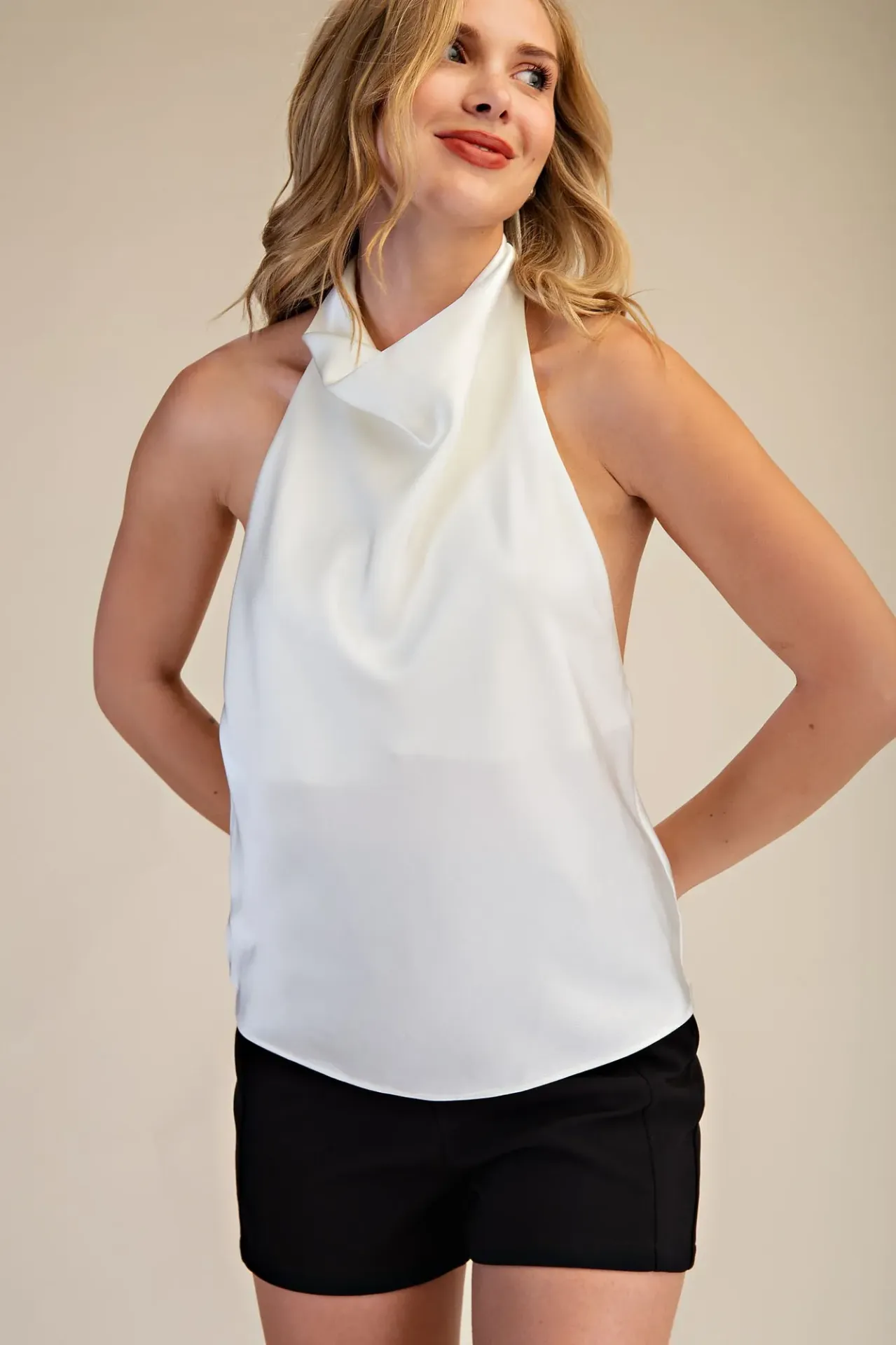 GT9721 Halter Neck Cowl Neck Sleeveless Satin Top (Ivory, S)