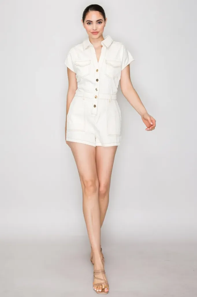 HMP41030A Romper de Mezclilla con Cuello y Cinturón