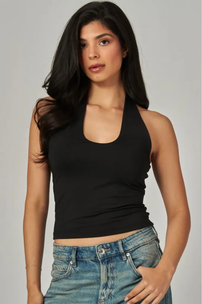 VERA-28T Contour Double Layered Round Neckline Open Back Top (Black, S)