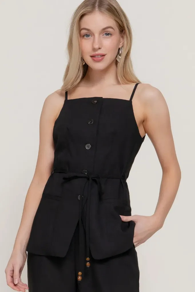 T14939 Vestido Corto tipo Lino (Black, S)
