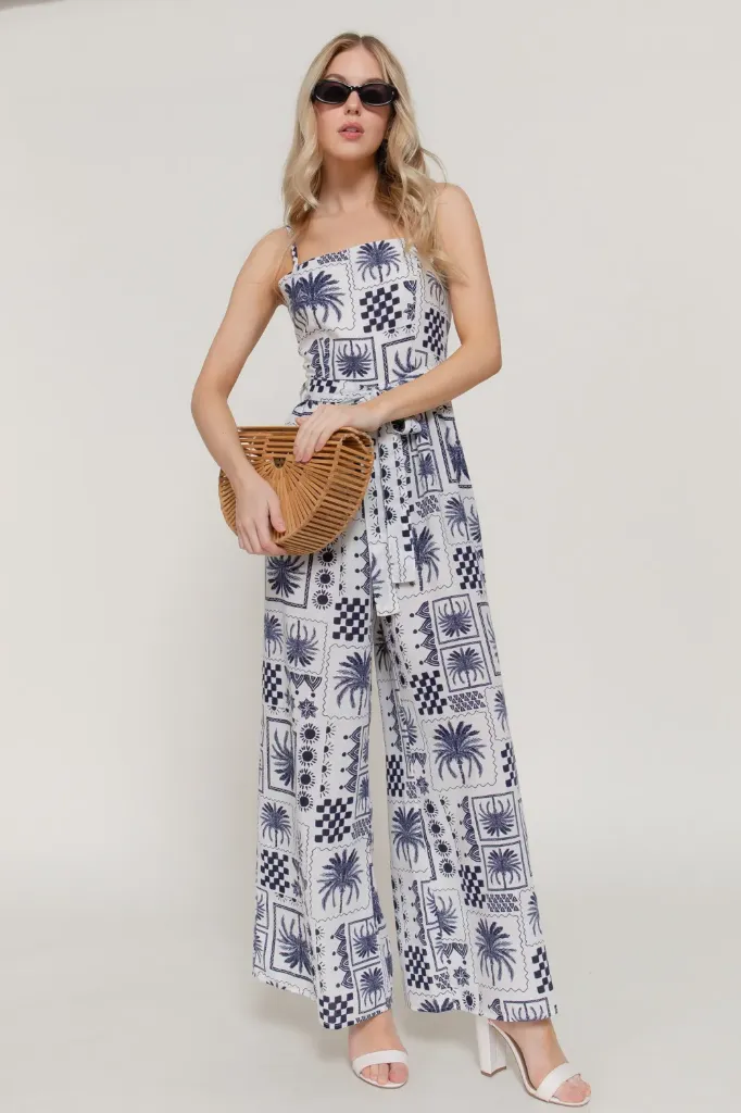 P14964 Adjustable Strap Print Linen Effect Jumpsuit