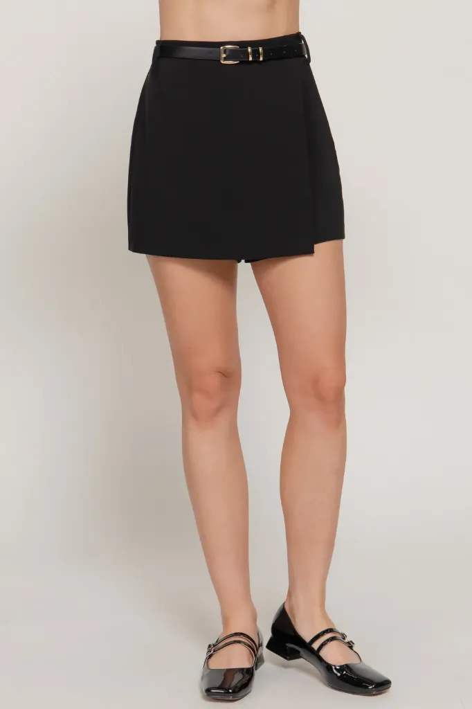 P15266 Belted Wrap Skort (Black, S)