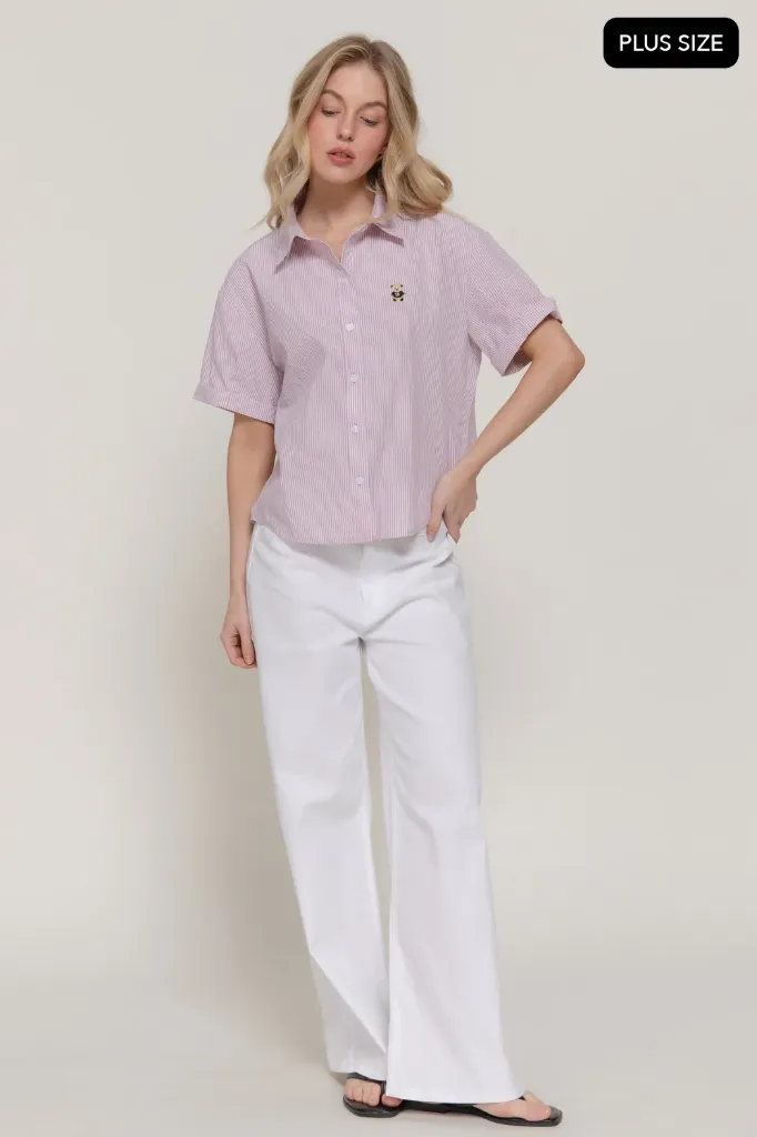 T74935 [PLUS] Roll-up Short Slv Stripe Shirt (Pink, XL)