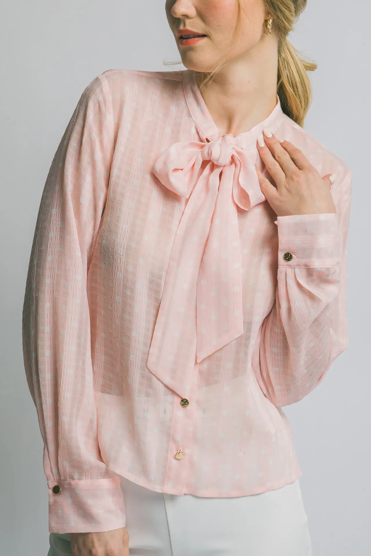 10475TN Blouse with a Neck Tie and Buttons