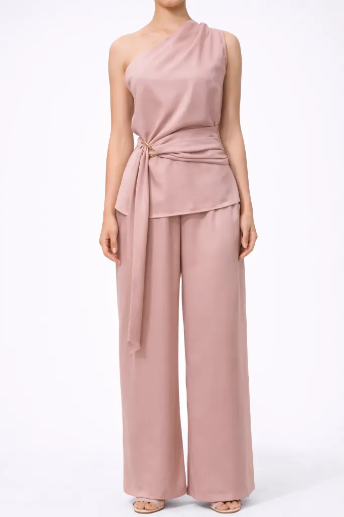 YK650 Set with a Top and Tie-waist Trousers (Pink, S)