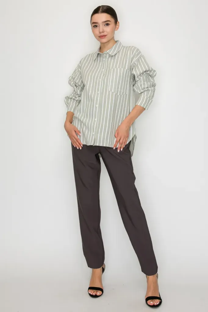 IT92375A Camisa de Rayas con Manga Globo (Green, S)
