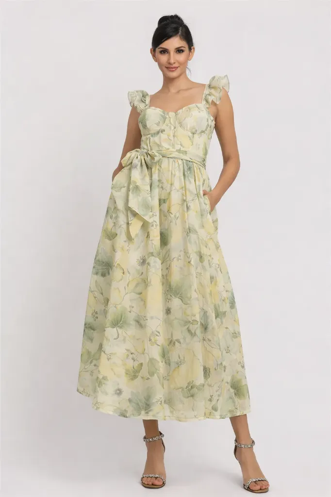RVD6911 Vestido Largo con Estampado Floral (Green, S)
