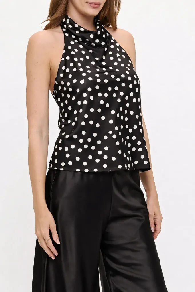 5250TPD Satin Polka Dot Halter Top (Black, S)