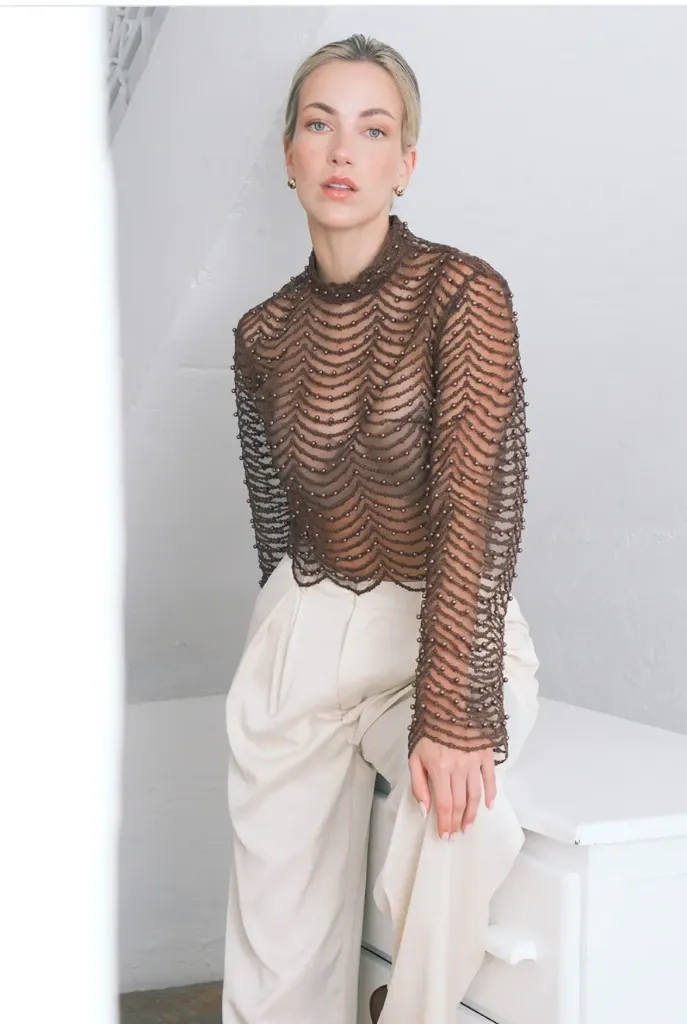 YR179 Open-knit Long-sleeve Top (Brown, S)