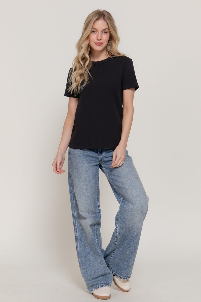 T15344 Short Slv Round Neck Soft Knit Top (Black, S)