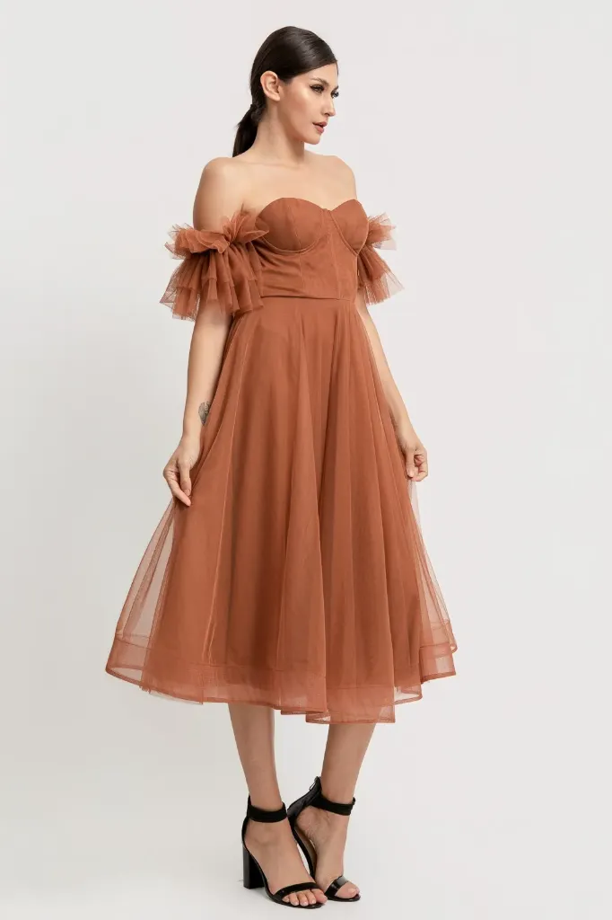 RVD5633 Off Shoulder Corset Mesh Midi Dress (S)