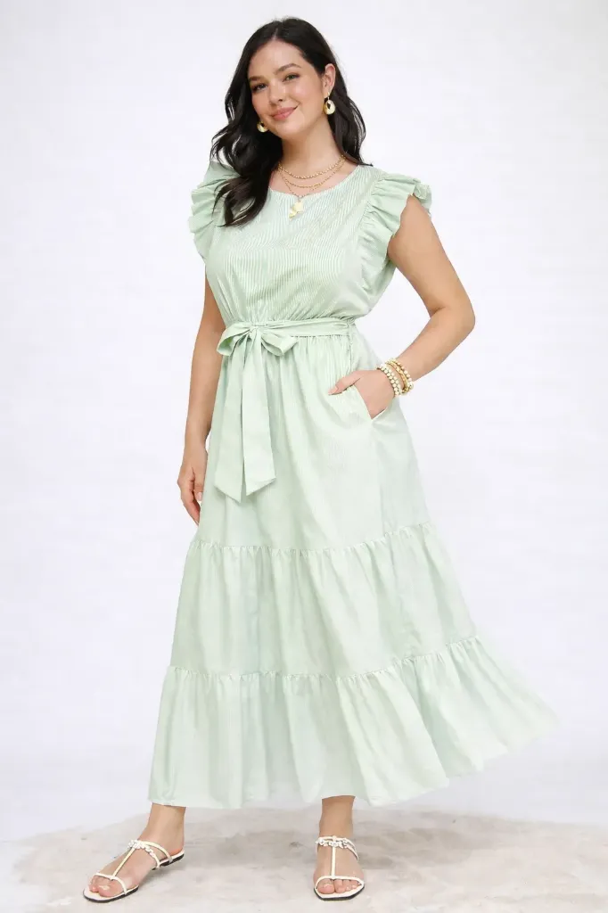 M10744XX Tiered Maxi Dress (Green, 2XL)
