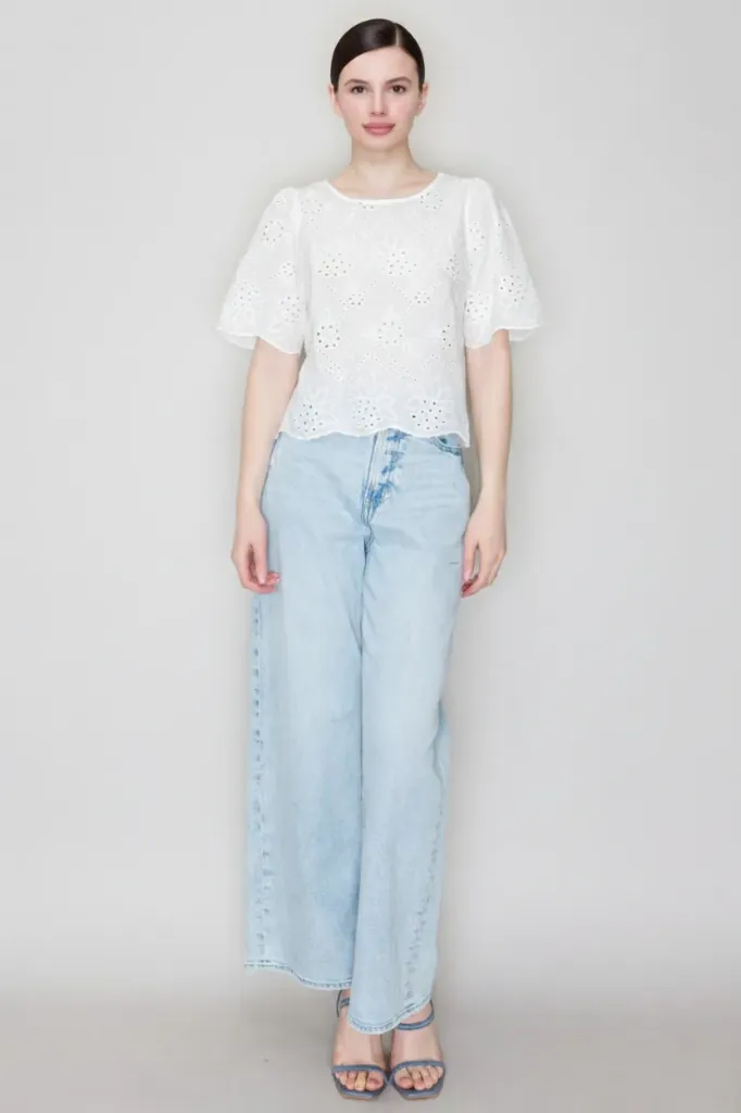 HMT57370 Eyelet Boxy Round Neck Top (White, S)