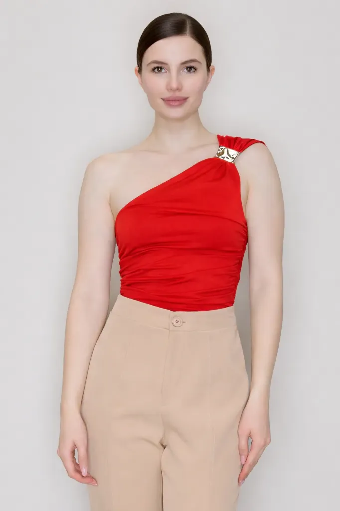HMT57474 Asymmetrical One-Shoulder Bodysuit with Metal Plate (S)