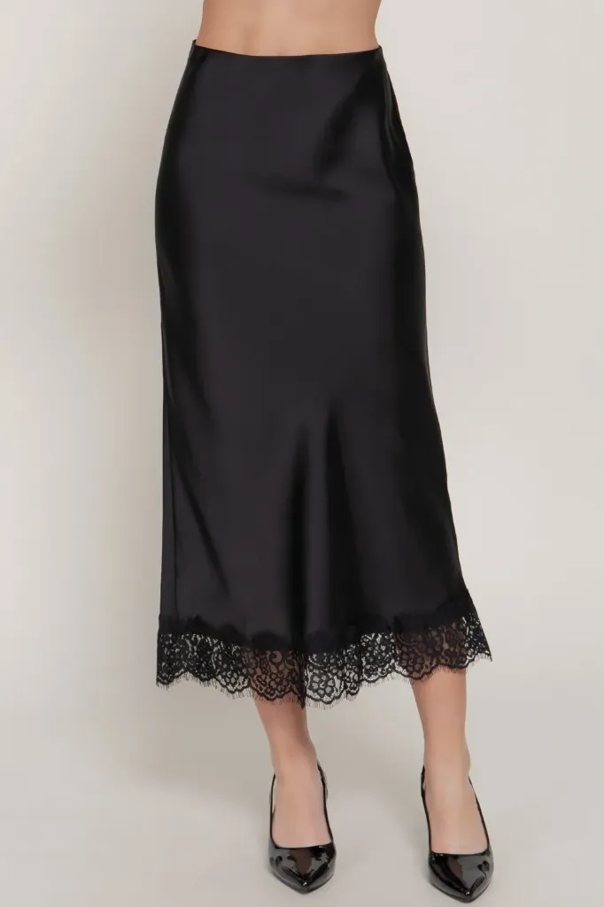 S15351 Falda Midi con Ribete de Encaje (Black, S)