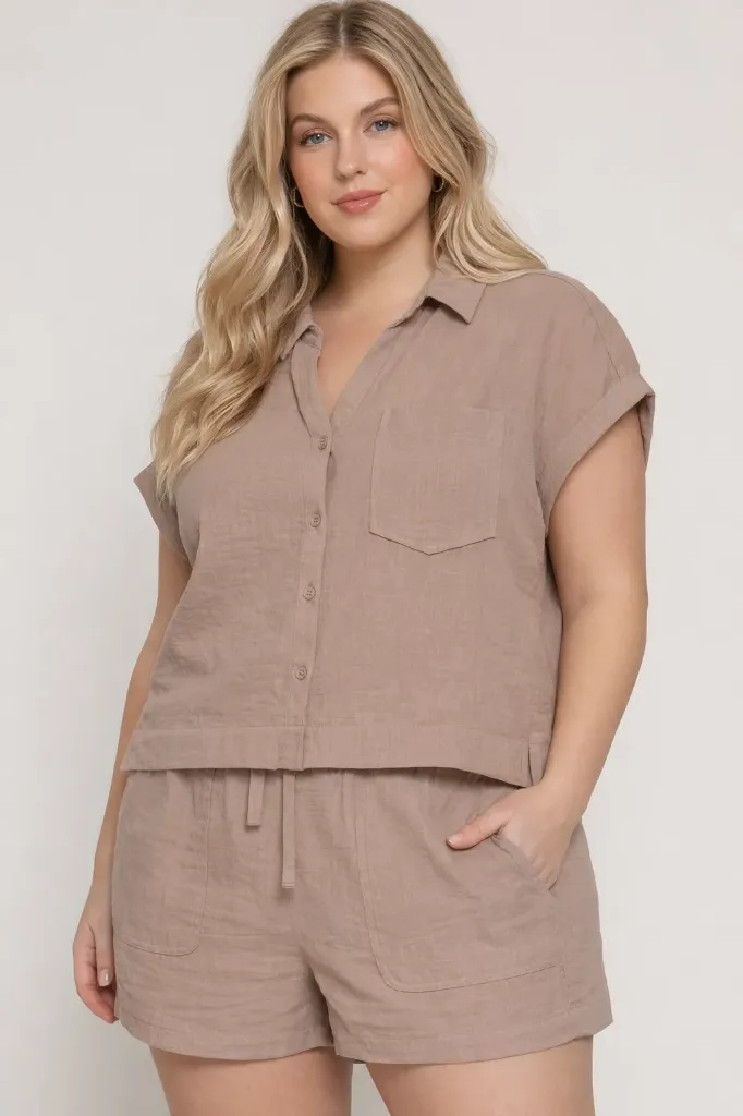 SET73885 [PLUS] Shirt Shorts Linen Effect Set (Taupe, XL)