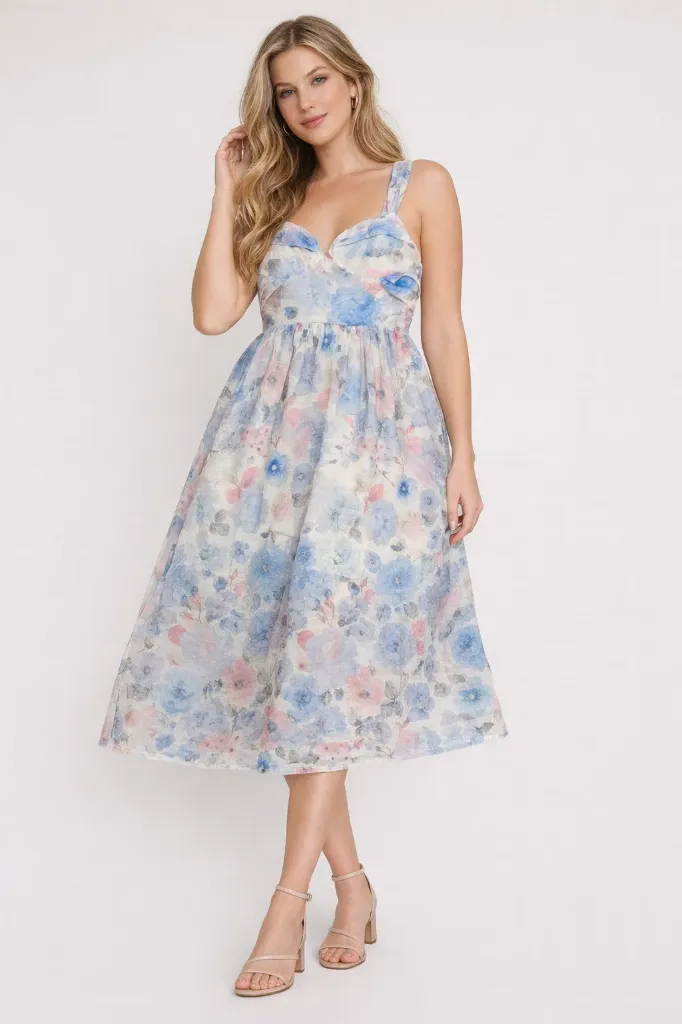 Q1175 Vestido Midi con Estampado Floral