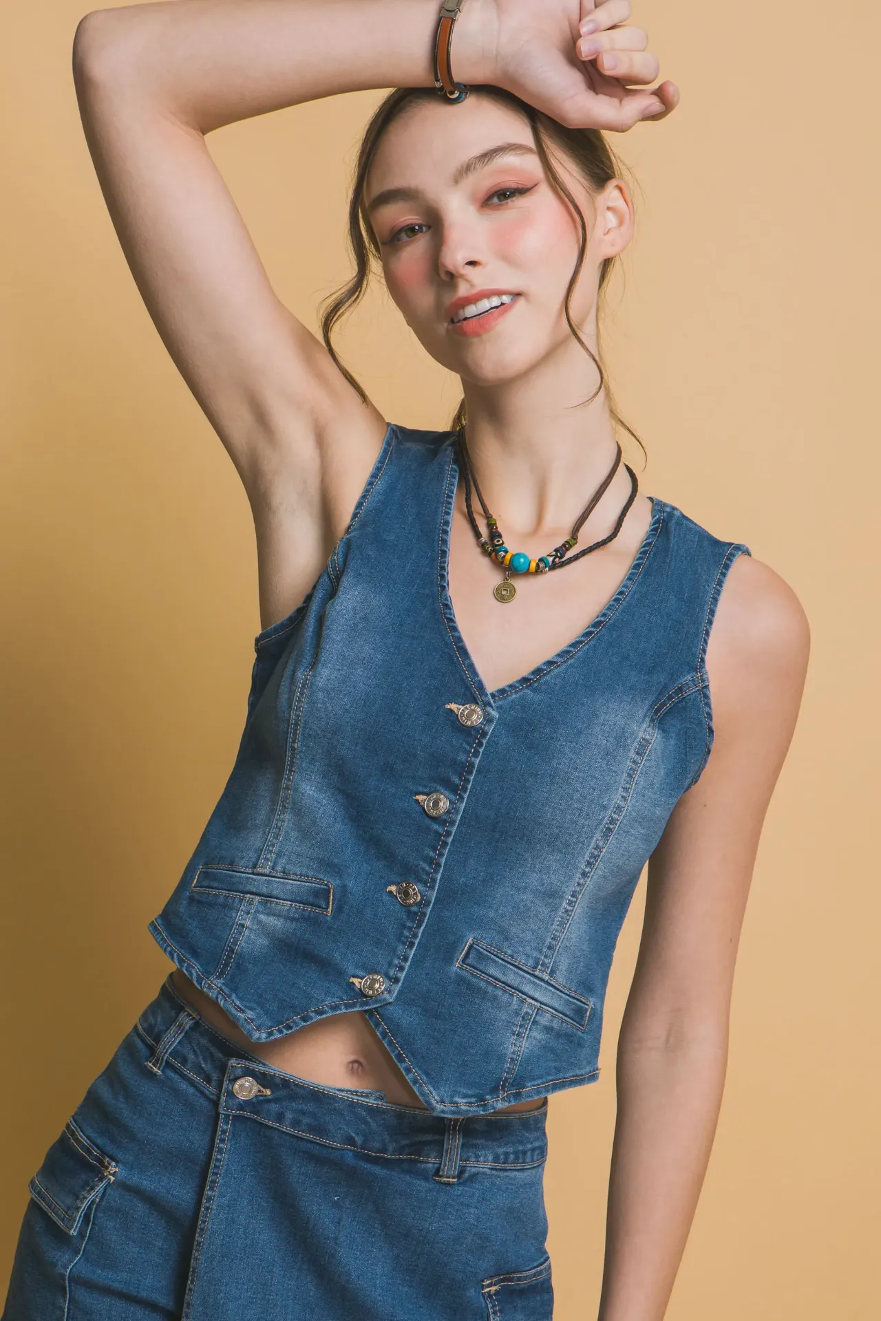 5155VN V-Neck Denim Vest (Blue Denim, S)
