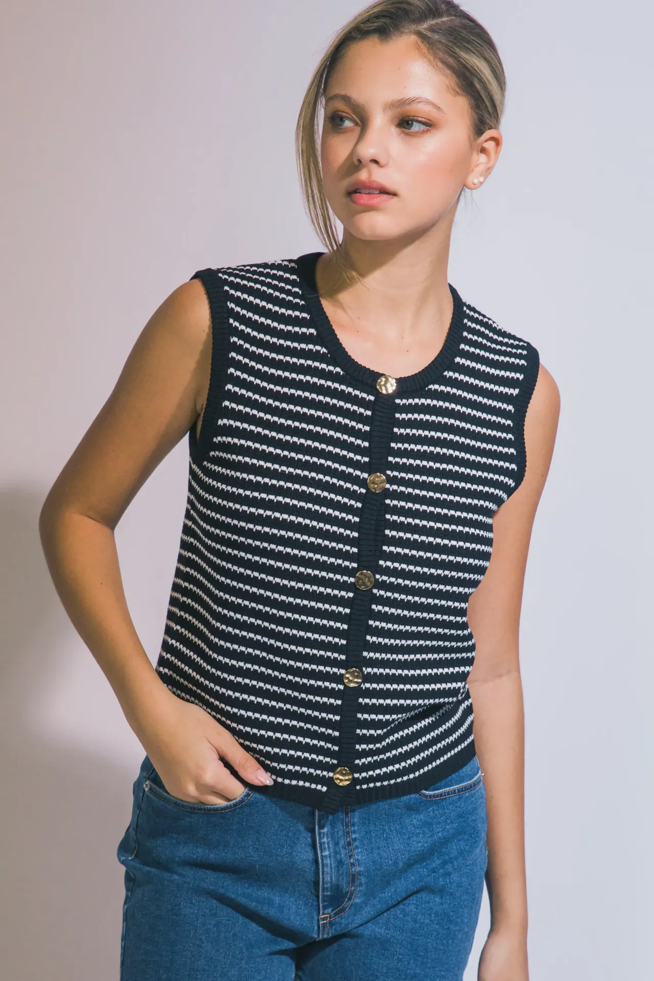 90365VL Striped Knit Top (Black, S)