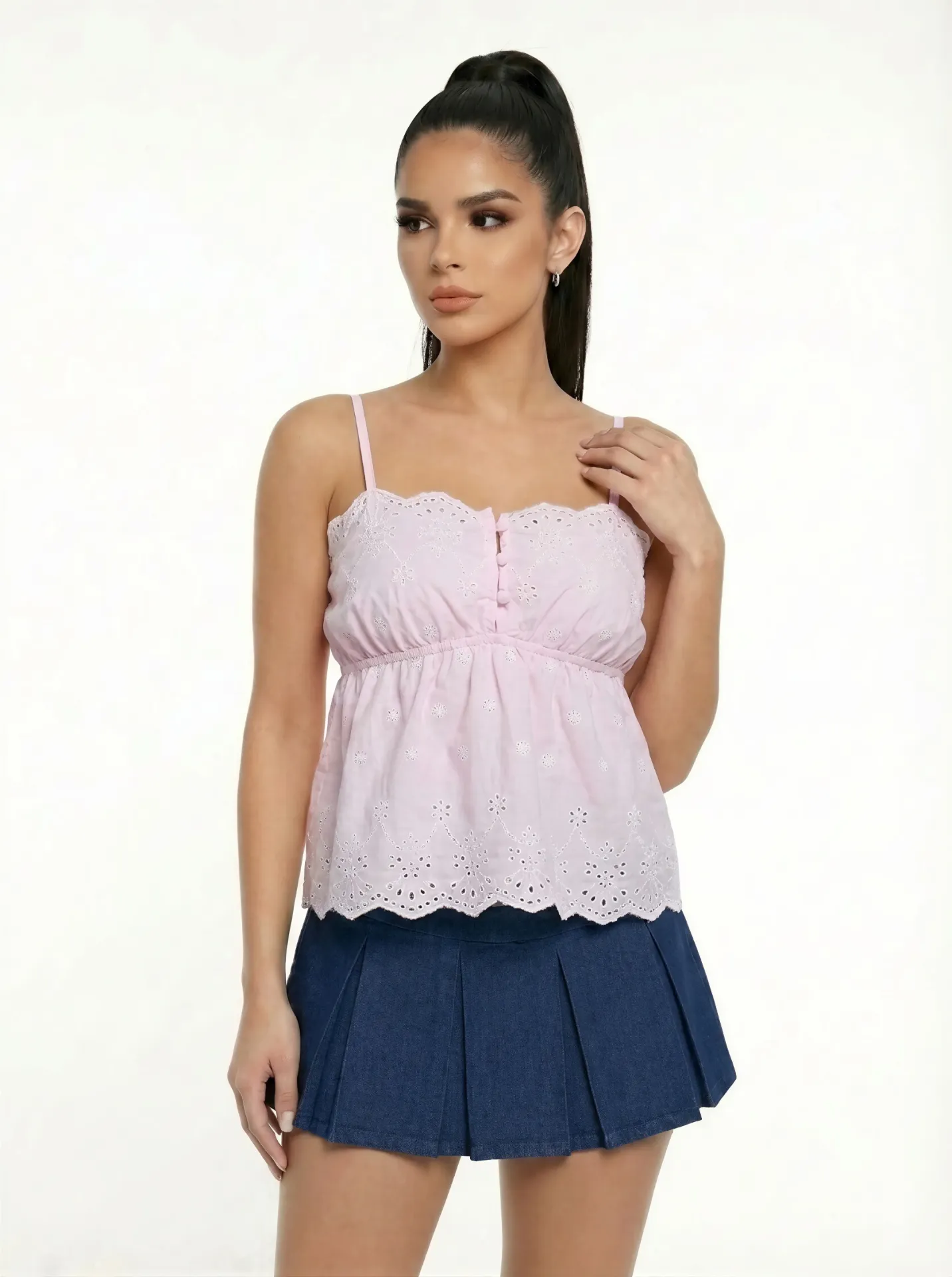 HMT57398 Scalloped Sweetheart Cami Peplum Top (Pink, S)