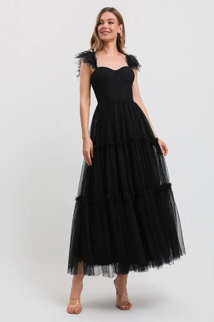 RVD6801 Ruffle Strap Tiered Tulle Midi Dress