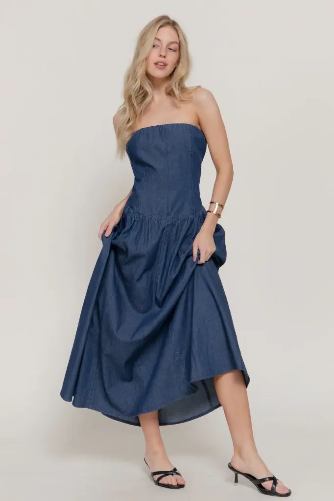 D15033 Vestido Midi de Mezclilla Sin Tirantes