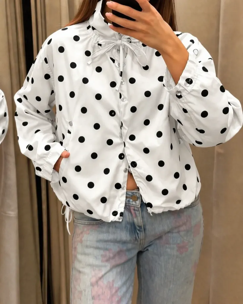 23563 POLKA DOT TIE NECK SATIN BLOUSE (White, S)