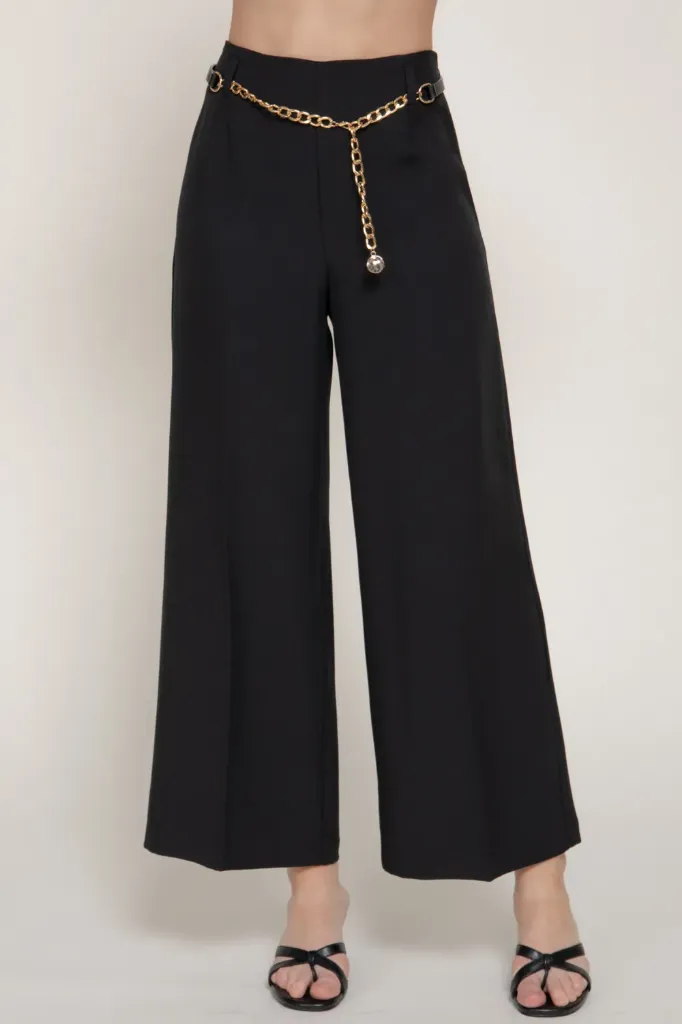 P14960 CHAIN BELT STRAIGHT ANKLE WOVEN PANTS (Black, S)
