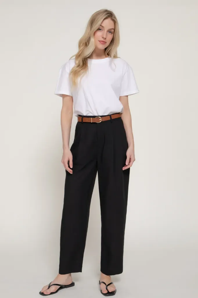 P15235 BELTED STRAIGHT LEG PANTS (Black, S)