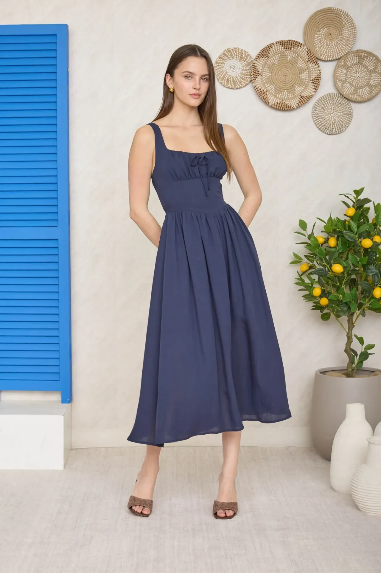 TW1718 Square Neck Front Tie Corset Detail Midi Dress (S)