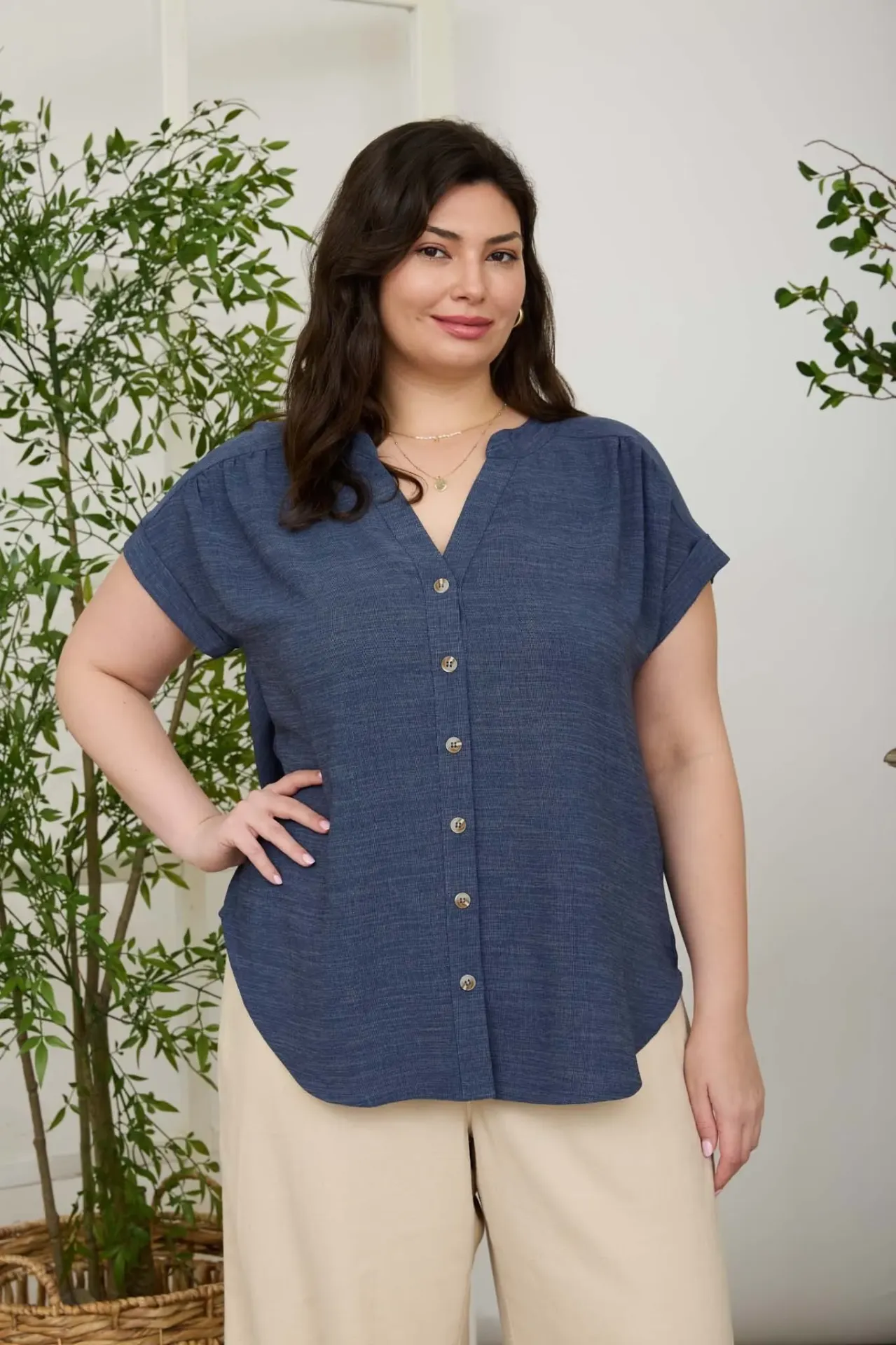 PCR2151 Plus Cuffed Sleeve Button Down Lightweight Top (Navy, XL)