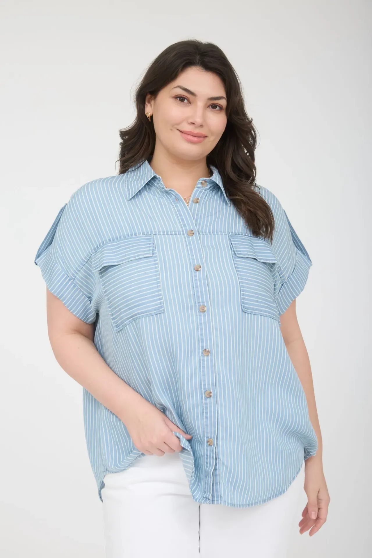 PCR2965 Plus Stripe Collared Pocket Detail Chambray Top (XL)