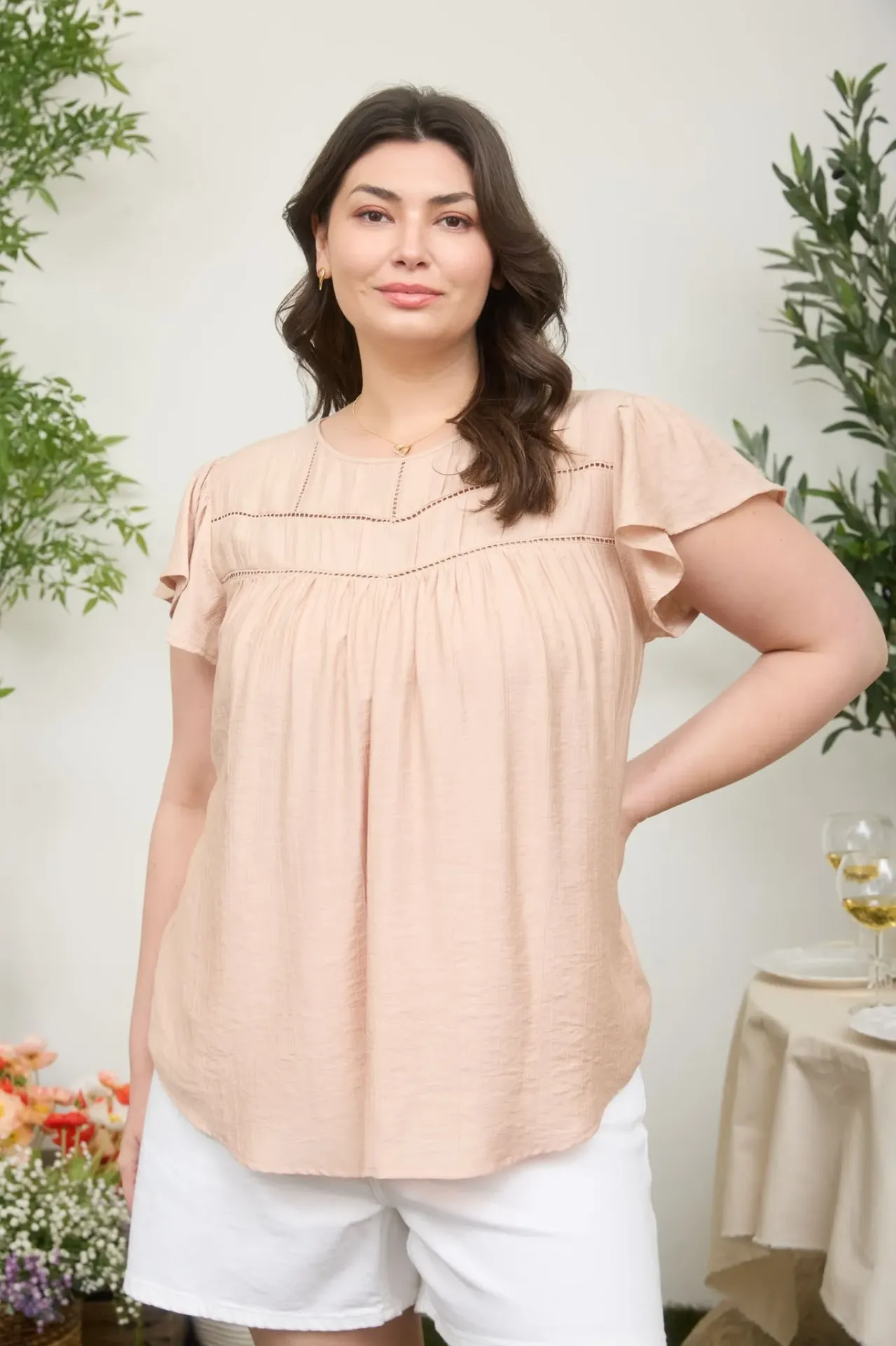 PTB9175 Plus Front Ladder Line Lace Detail Flounce Sleeve (Blush, XL)