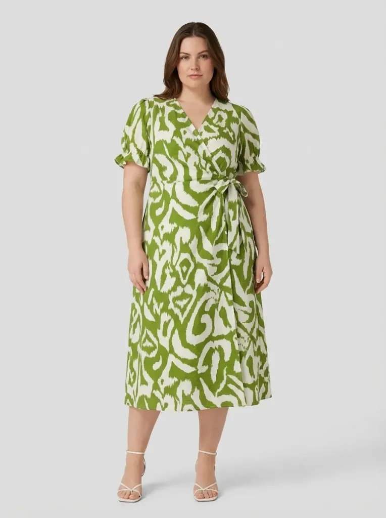 R390 Abstract Print Wrap Midi Dress (XL)