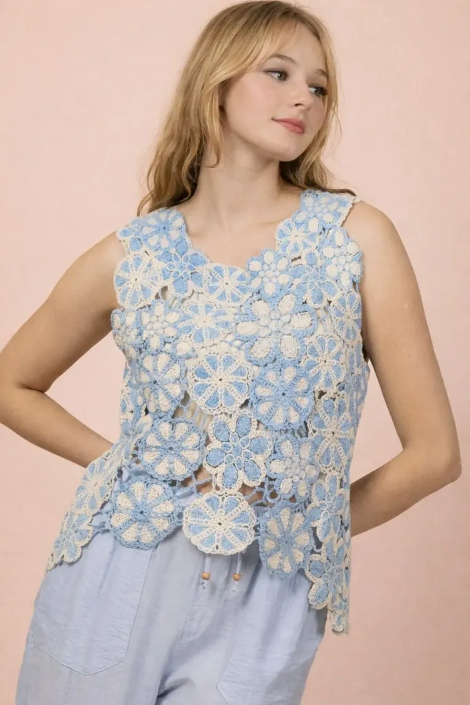 NT12529 Chaleco de Crochet con Flores Caladas