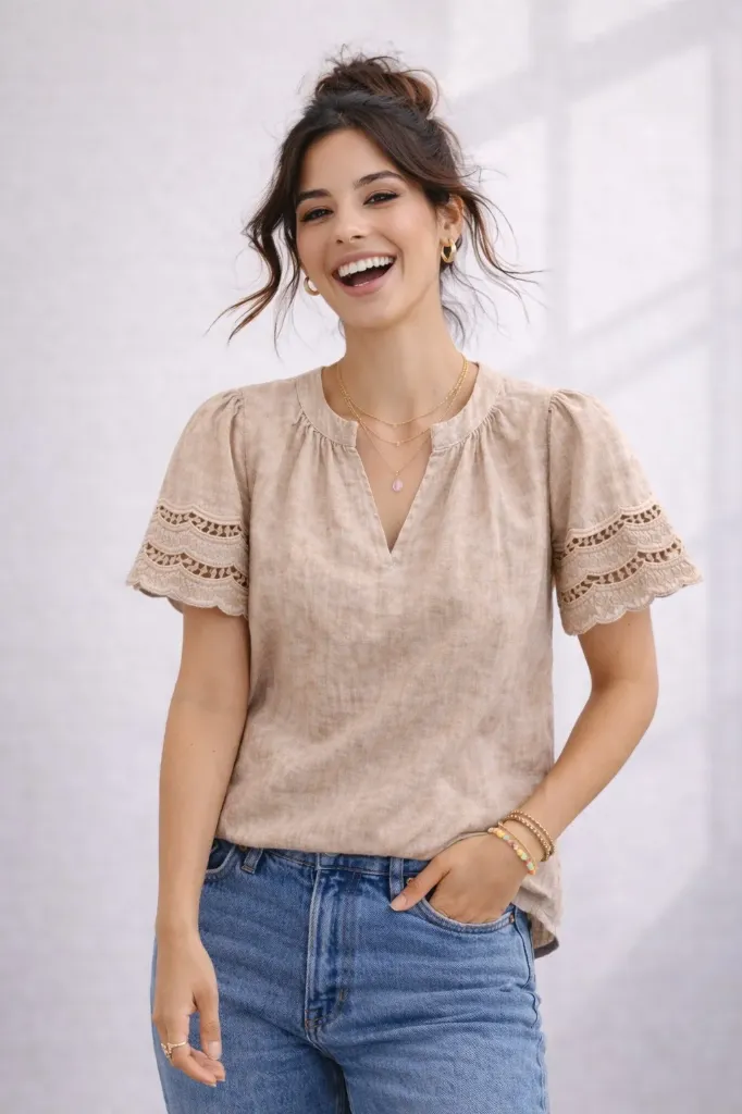 T51442W Blusa de Manga Corta con Bordado Calado