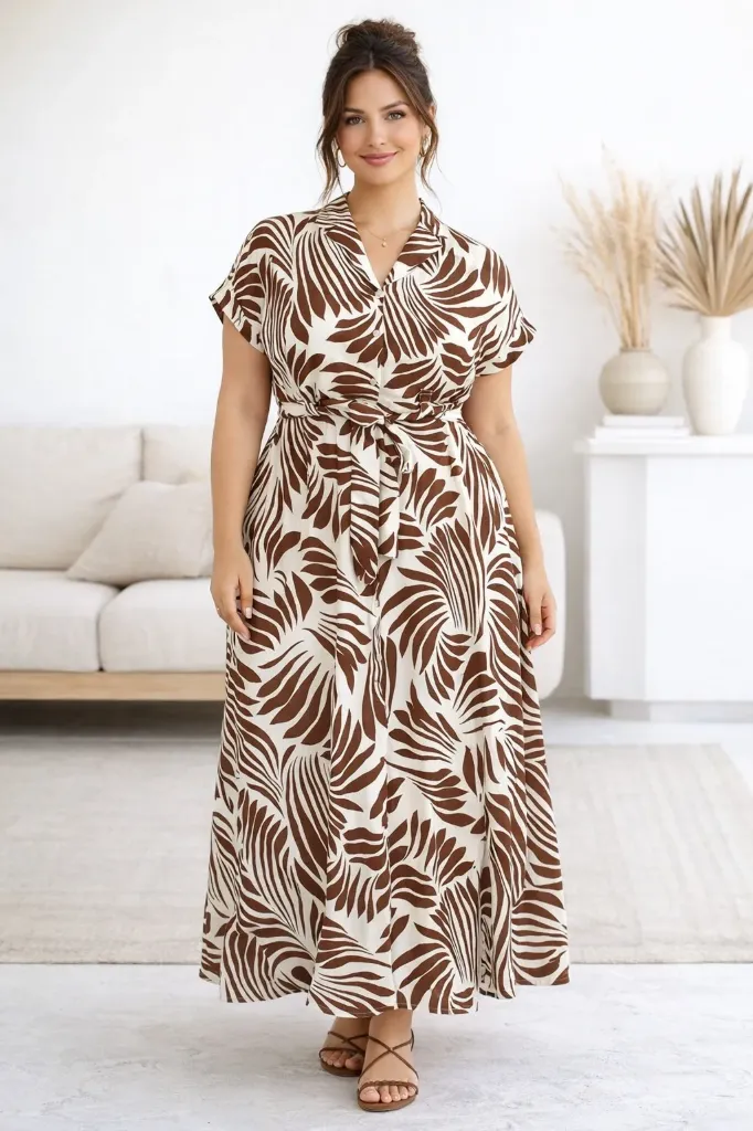 M10831WX Palm Print Maxi Dress (Brown, XL)
