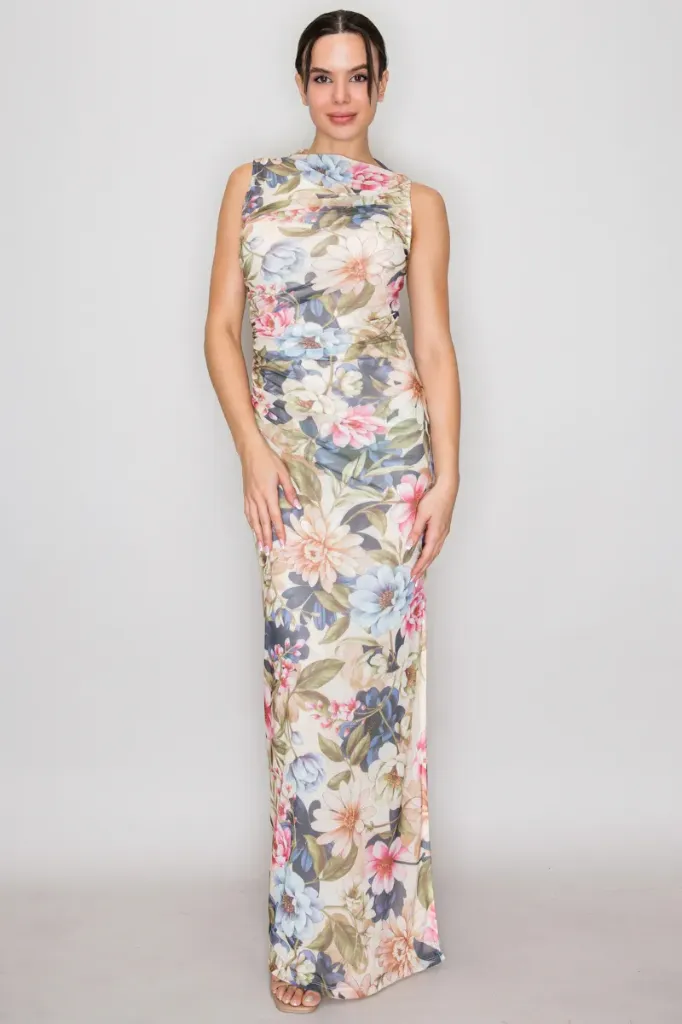 HMD14111-1427  Printed Mesh Floral Gathered Dress (S)