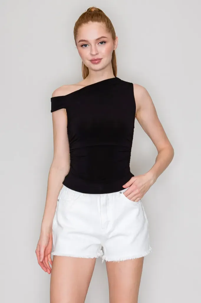 BT04101 Off-the-Shoulder Asymmetrical Shirred Top (Black, S)