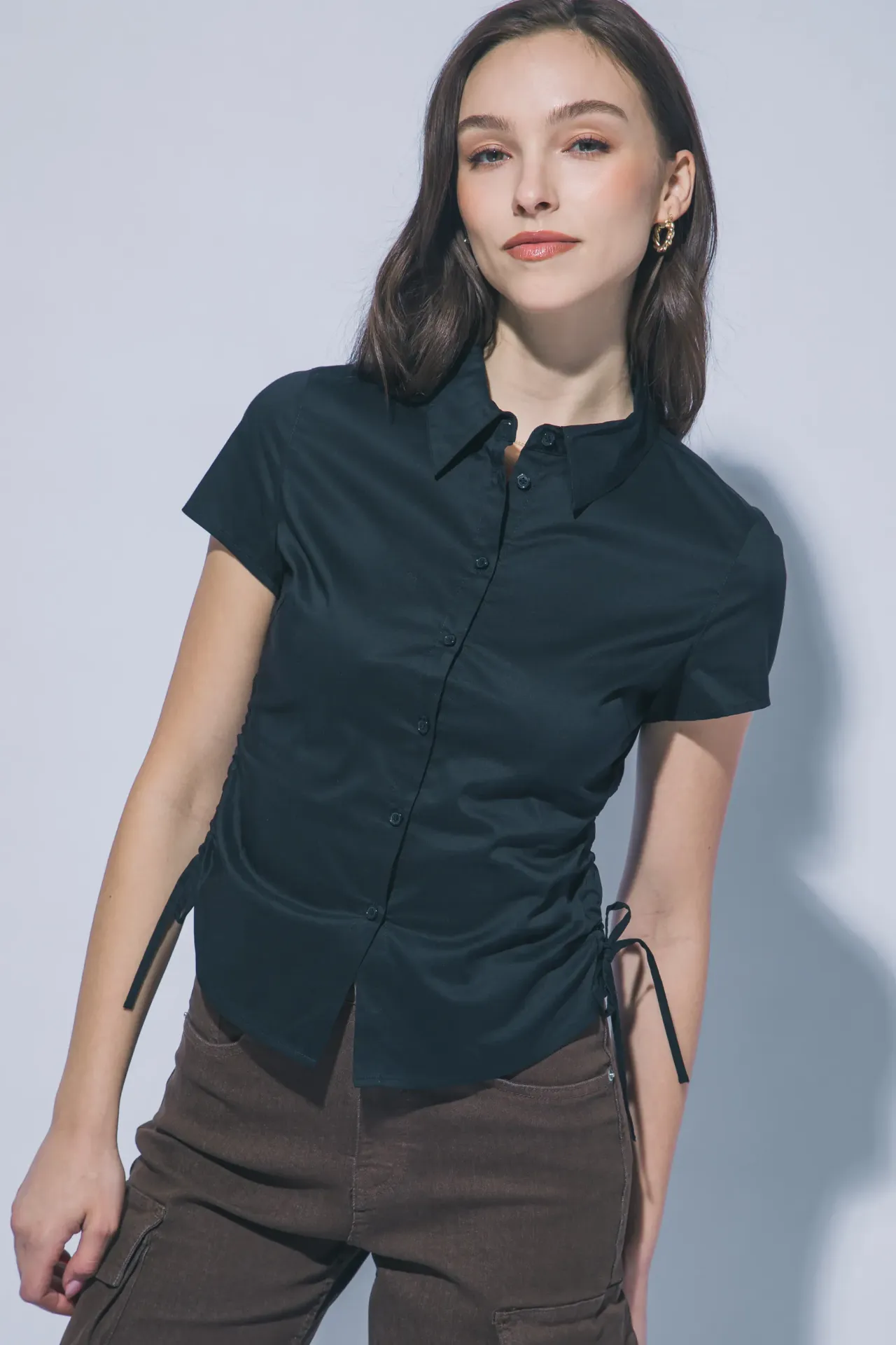 10492TN Ruched Side Short Sleeve Top (Black, S)