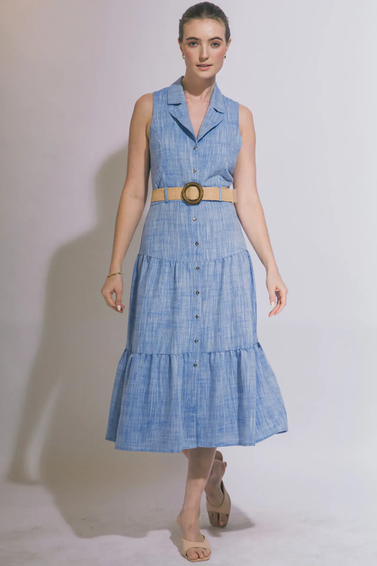 4950DN Belted Button Front Tiered Midi Dress (S)