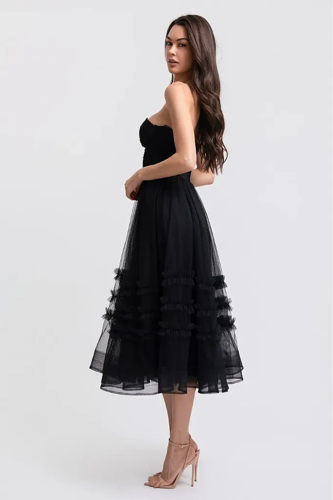 RVD6531 Vestido Midi de Tul (Black, S)