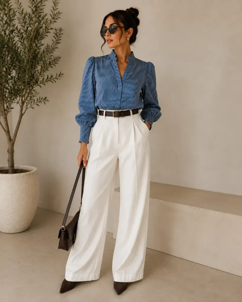 YC859 Camisa de Rayas con Manga Globo (Blue Denim, S)