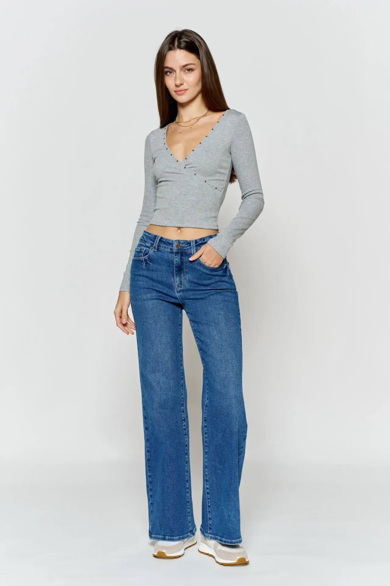 BP10002M Jeans de Tiro Alto con Pierna Amplia (Medium Denim, 24)